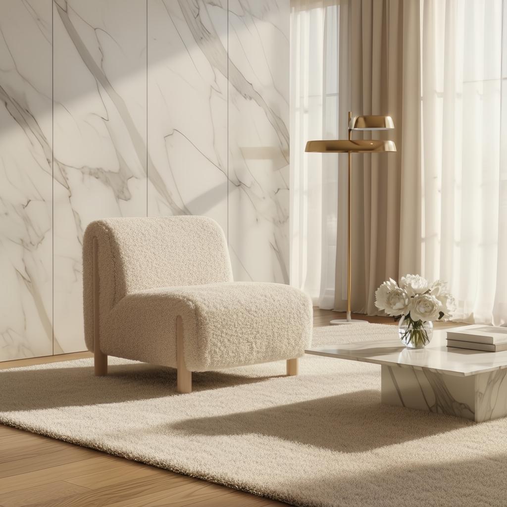 Off-white polyester accent chair with a brown rubber wood base in a modern living room.