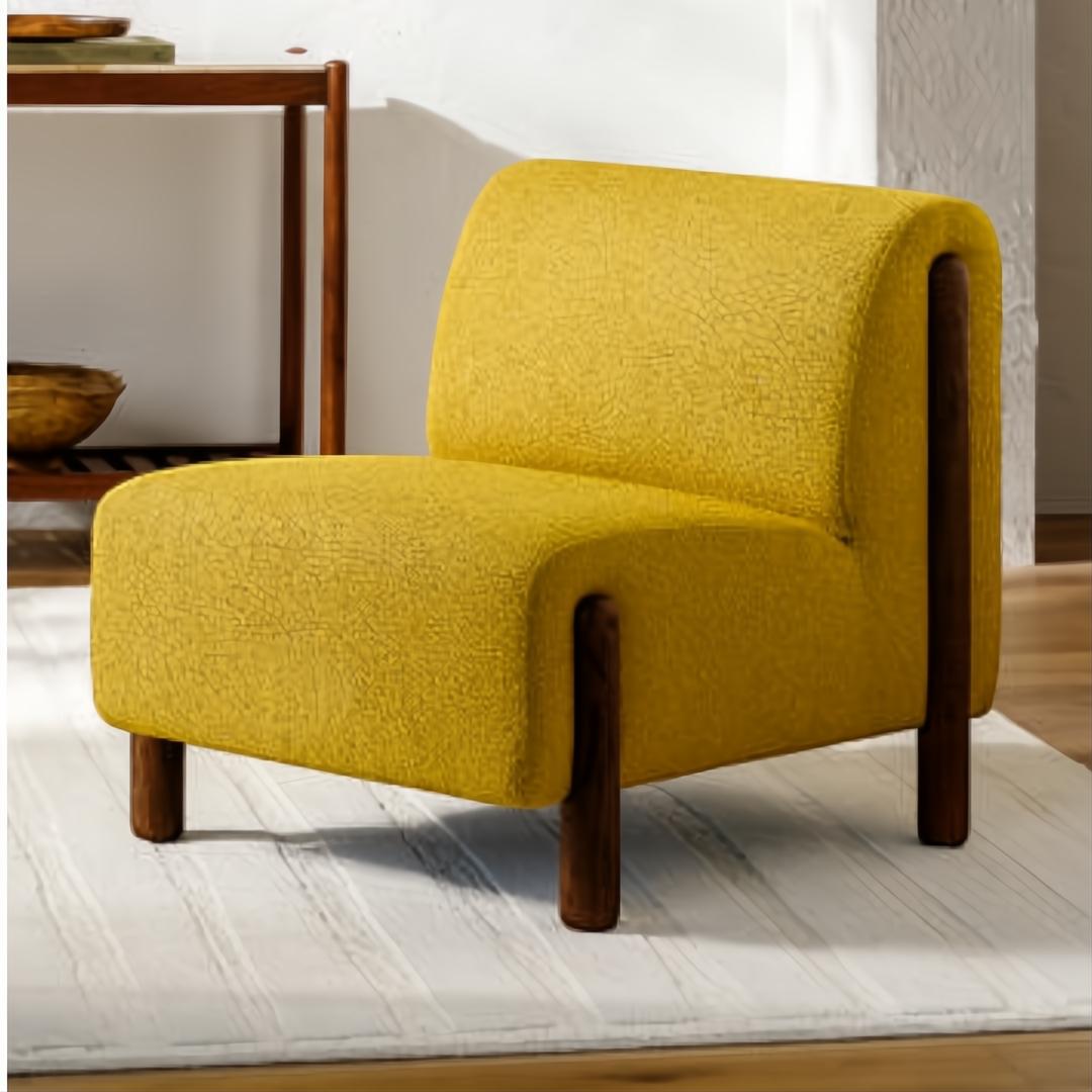 Yellow polyester Surya Kenwood accent chair with a dark brown rubber wood base and wide profile.