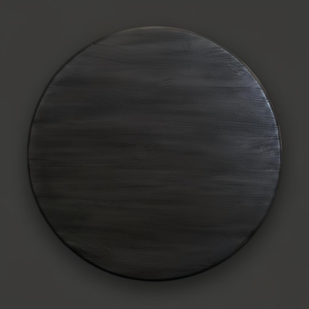 Round black brushed mango wood dining table top with visible wood grain.