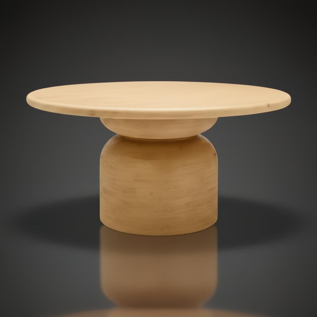 Surya Koben 60" round beige mango wood dining table with a modern pedestal base.