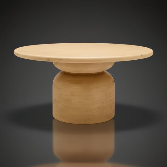 Surya Koben 60" round beige mango wood dining table with a modern pedestal base.