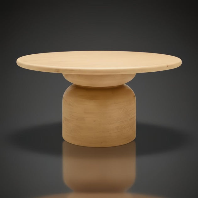 Surya Koben 60" round beige mango wood dining table with a modern pedestal base.