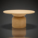 Surya Koben 60" round beige mango wood dining table with a modern pedestal base.
