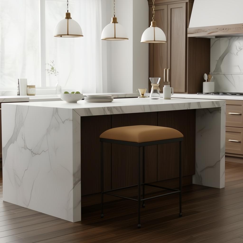 Surya Kornel counter stool with a brown polyester seat and black powder-coated iron base in a kitchen.
