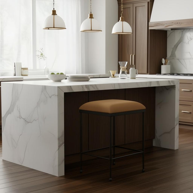 Surya Kornel counter stool with a brown polyester seat and black powder-coated iron base in a kitchen.