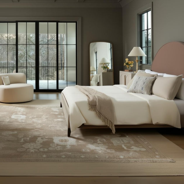 Surya Elipse Upholstered Bed with a curved headboard, dark brown base, and light bedding in a modern bedroom.