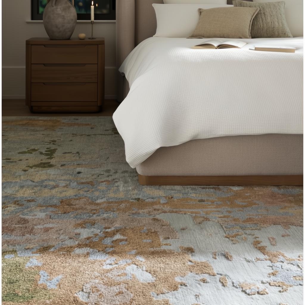 Brown Surya Covina upholstered bed with a beige headboard and white bedding, next to a wooden nightstand.