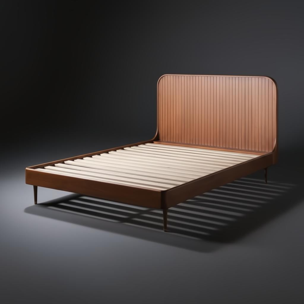Surya Madri brown stained poplar wood bed with a minimalist modern design and slatted headboard.