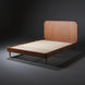 Surya Madri brown stained poplar wood bed with a minimalist modern design and slatted headboard.