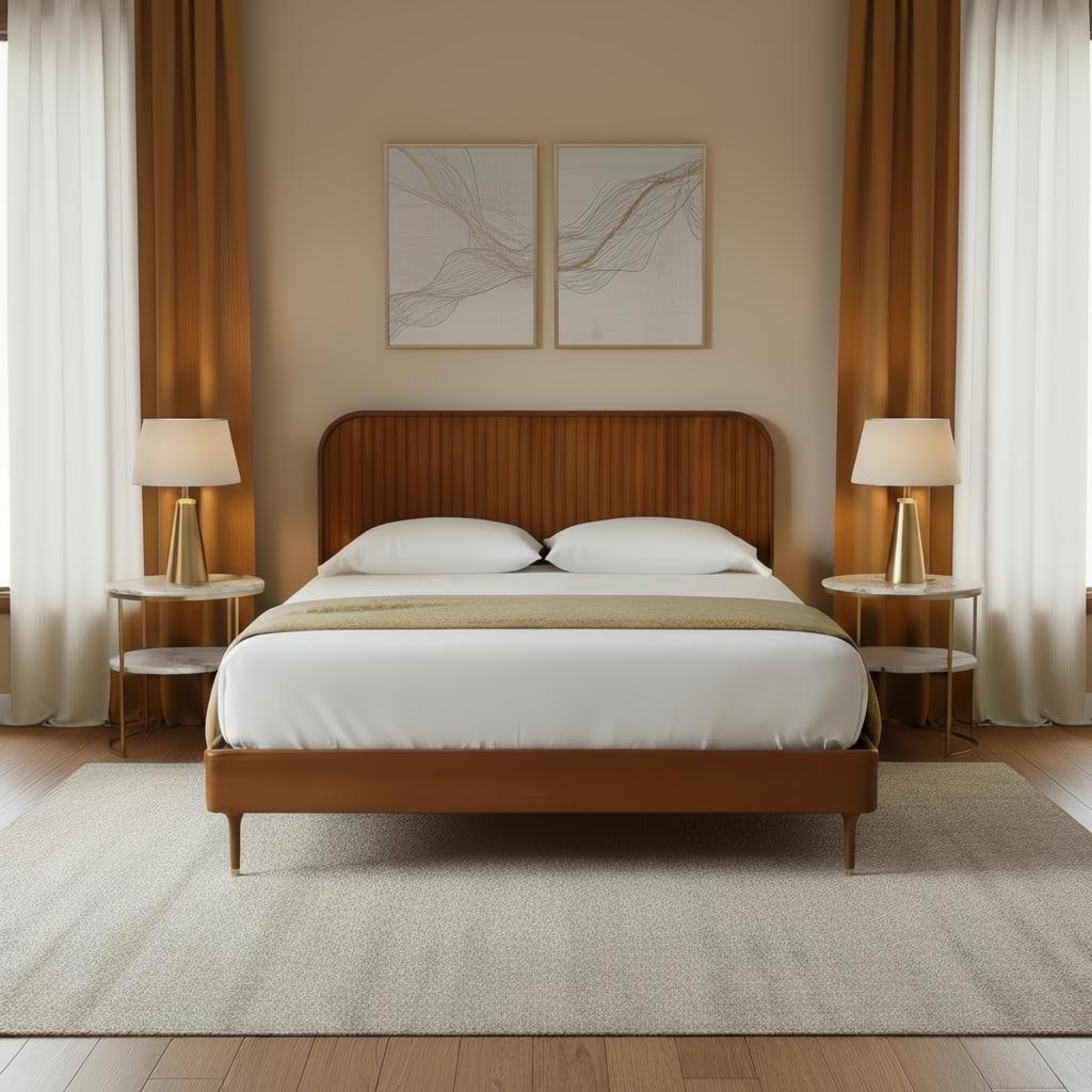 Surya Madri brown stained poplar wood bed with a minimalist modern design in a bedroom setting.