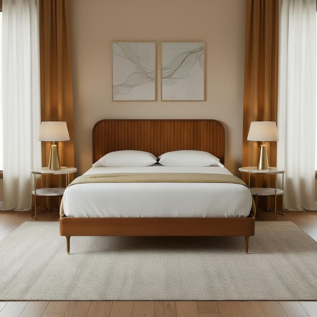 Surya Madri brown stained poplar wood bed with a minimalist modern design in a bedroom setting.