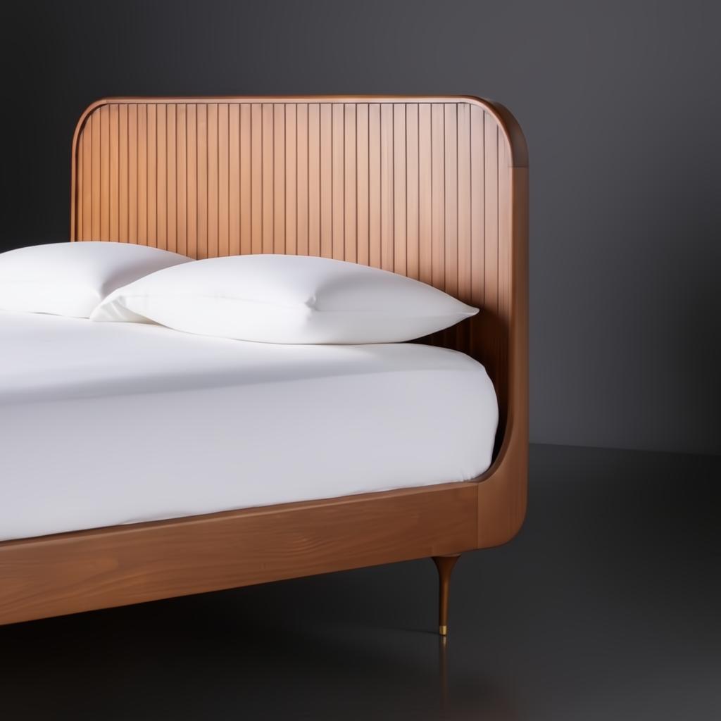 Brown stained poplar wood bed with a minimalist modern design and slatted headboard.