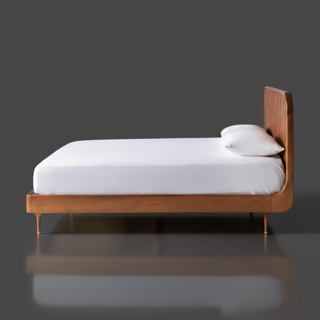 Surya Madri brown stained poplar wood bed with a minimalist modern design and white bedding.