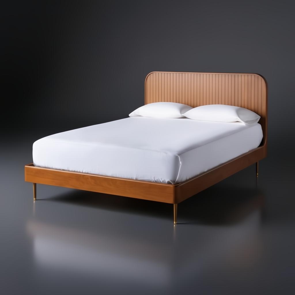 Surya Madri brown stained poplar wood bed with minimalist modern design and slatted headboard.