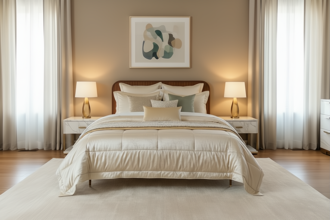 Brown stained poplar wood bed with minimalist modern design, natural grain, and light bedding in a bedroom.
