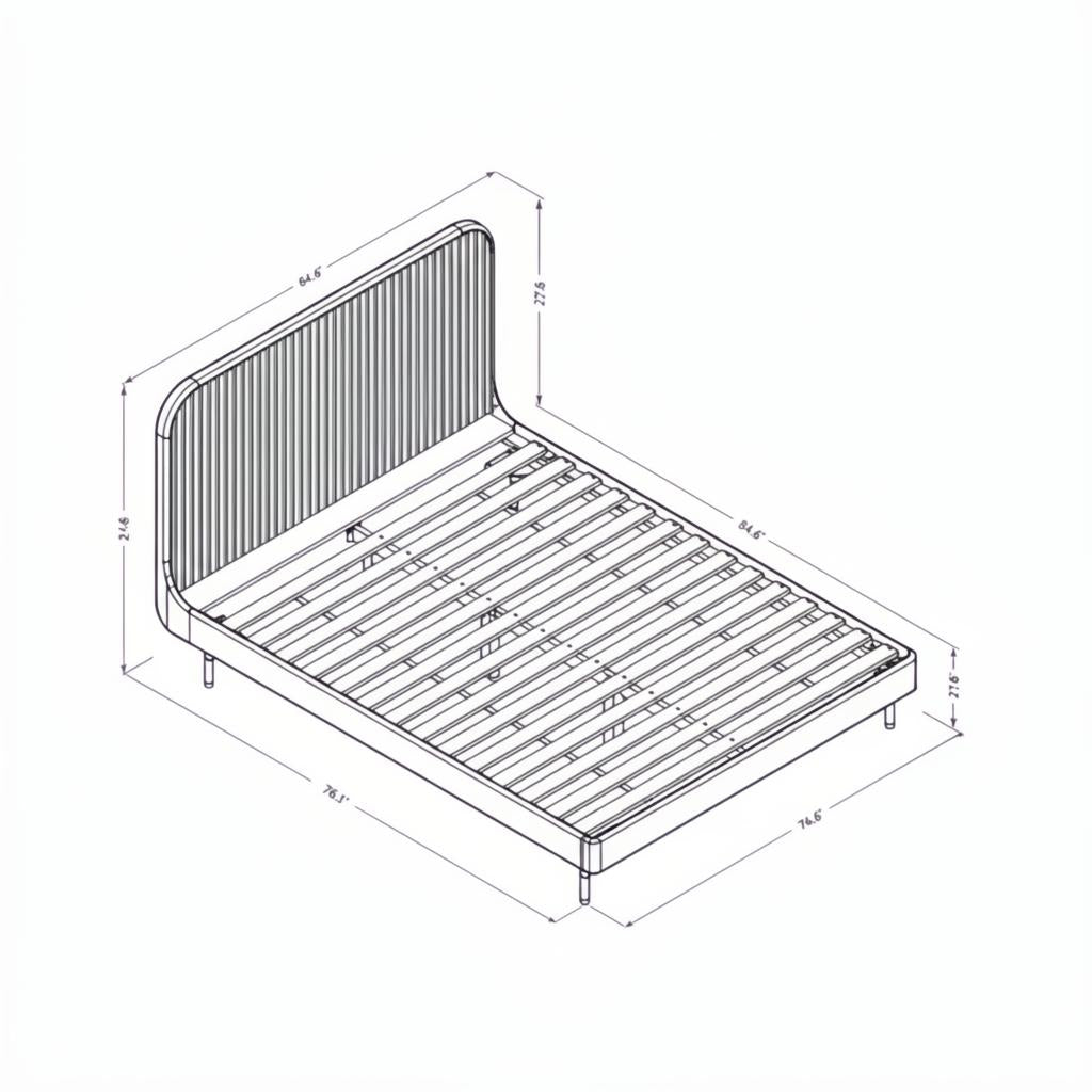 Isometric line drawing of a Queen size Surya Madri Wood Bed with dimensions.