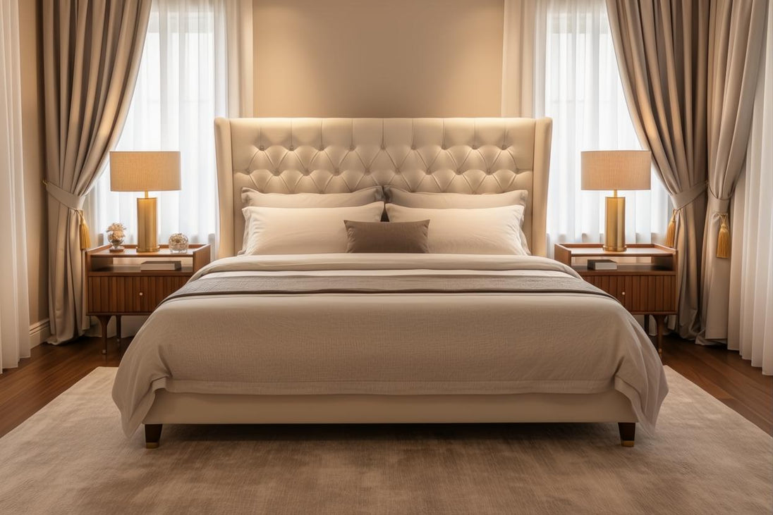 Brown Madri nightstand with poplar top and minimalist modern design, flanking a bed.