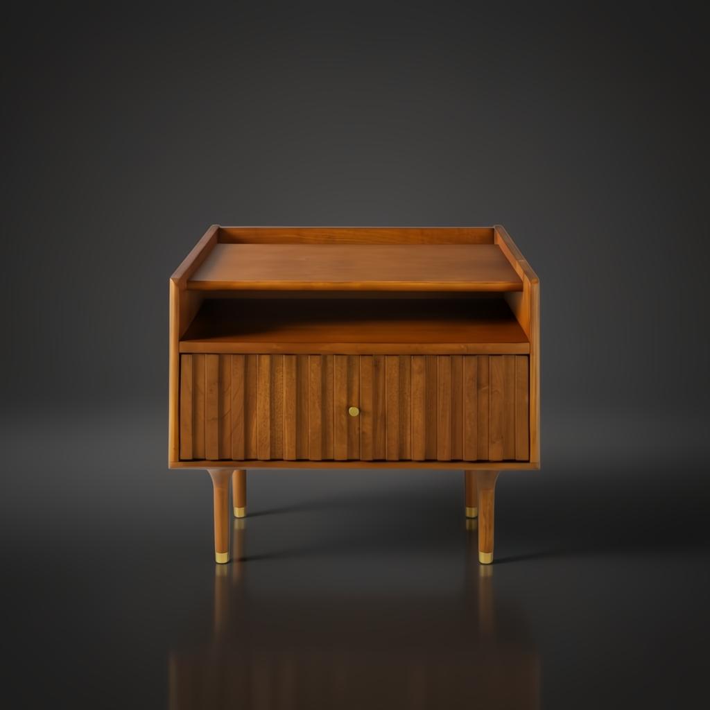 Brown Surya Madri nightstand with a poplar top, fluted drawer, open shelf, and gold-capped tapered legs.