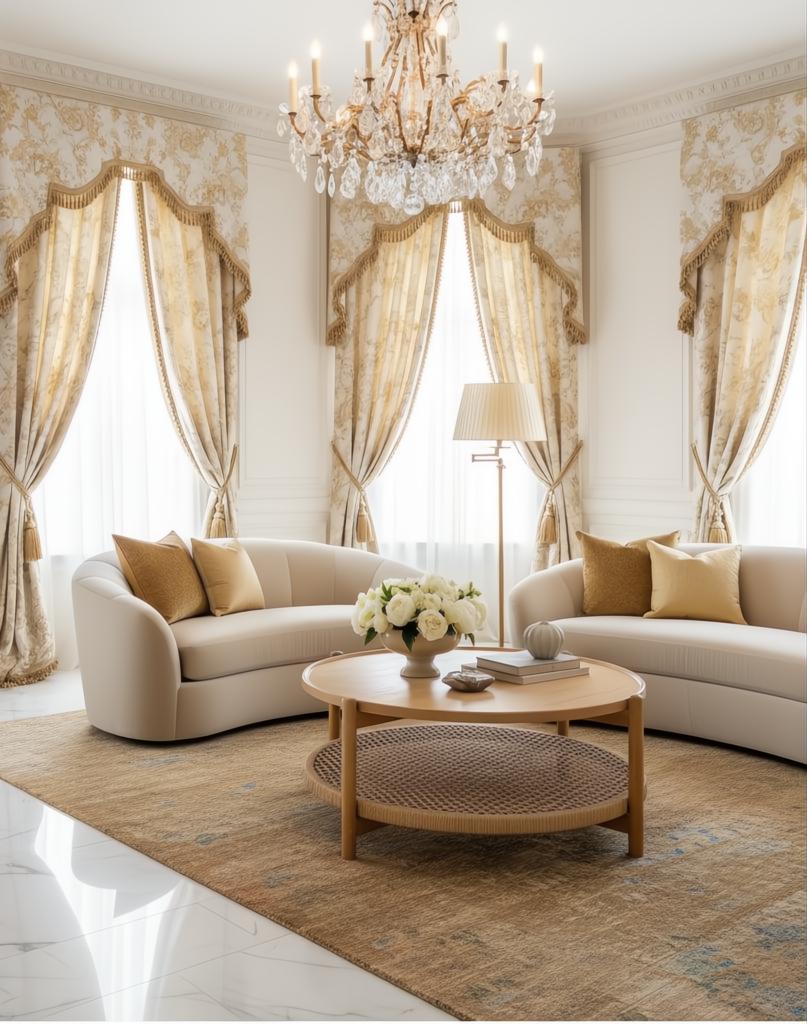 Surya Orly round mango wood coffee table with a wheat brown base and paper rope shelf in a luxurious living room.