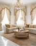 Surya Orly round mango wood coffee table with a wheat brown base and paper rope shelf in a luxurious living room.