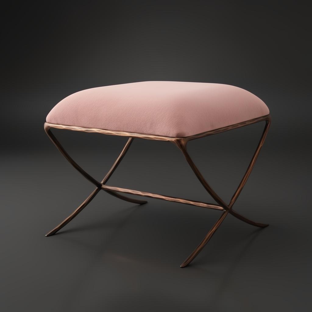 Surya Misho ottoman with a blush pink polyester cushion and metallic copper iron X-frame base.