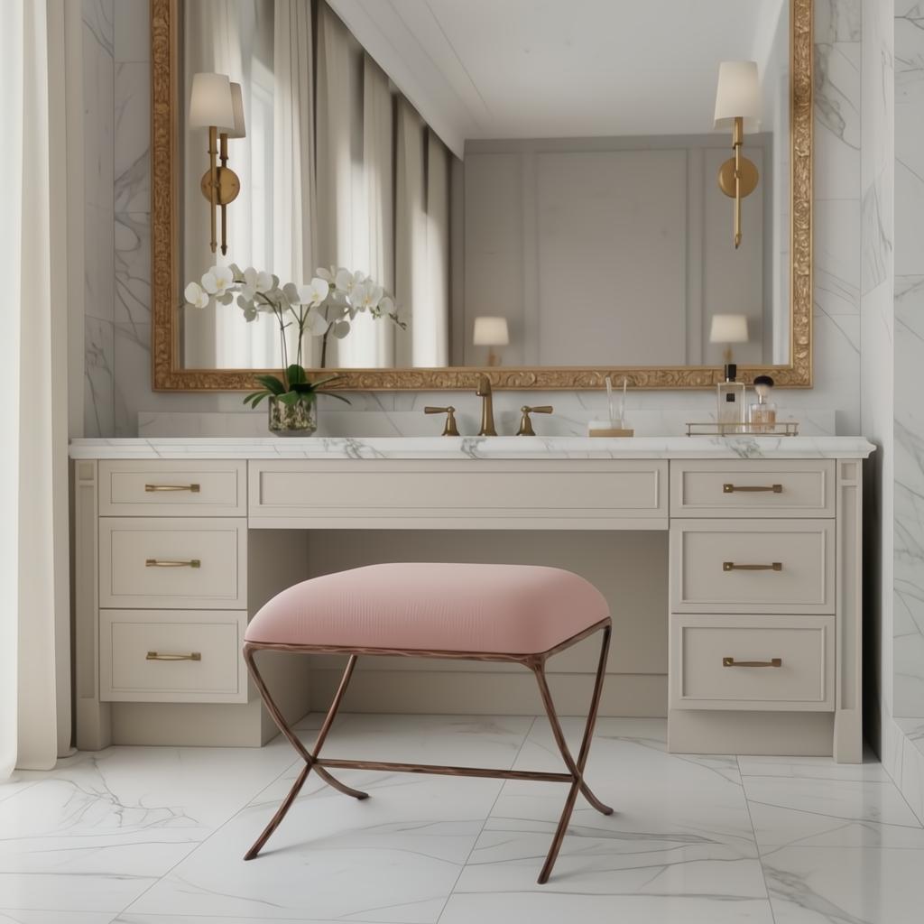 Surya Misho ottoman, 19"H x 21"W, with a pink polyester cushion and metallic copper iron base.