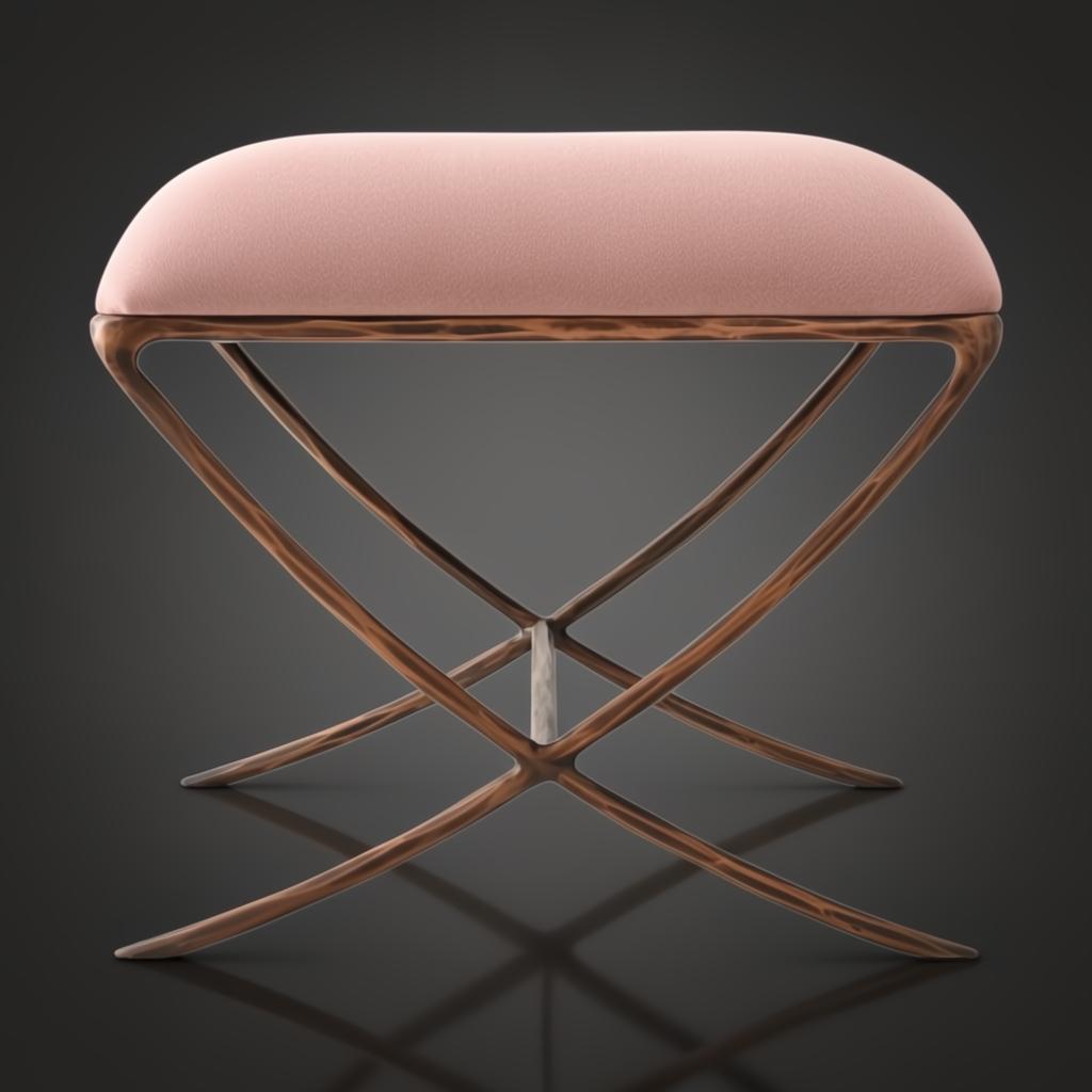 Surya Misho ottoman with a metallic copper finish X-frame base and a plush, rounded pink polyester cushion.