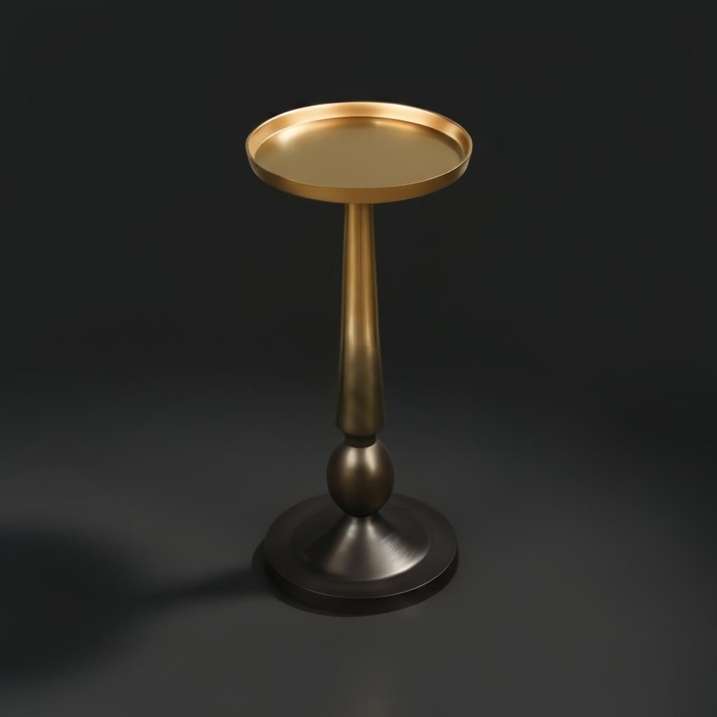 Surya Molino gold aluminum end table with a round top and tapered pedestal base.