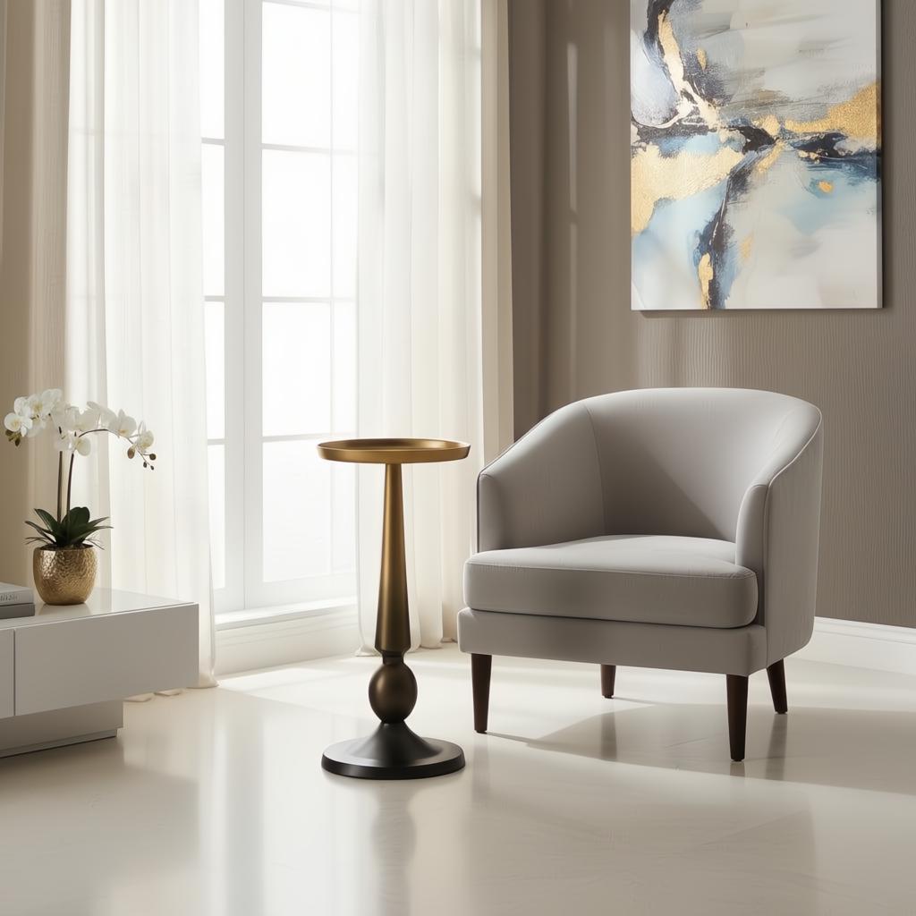 Surya Molino End Table, a sleek gold aluminum accent table with a round top and base, beside a light gray armchair.