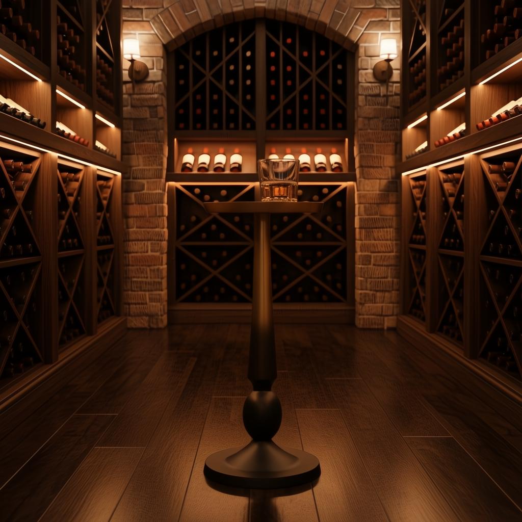Gold aluminum Surya Molino End Table (21"H x 10"W x 10"D) with a drink, in a wine cellar.