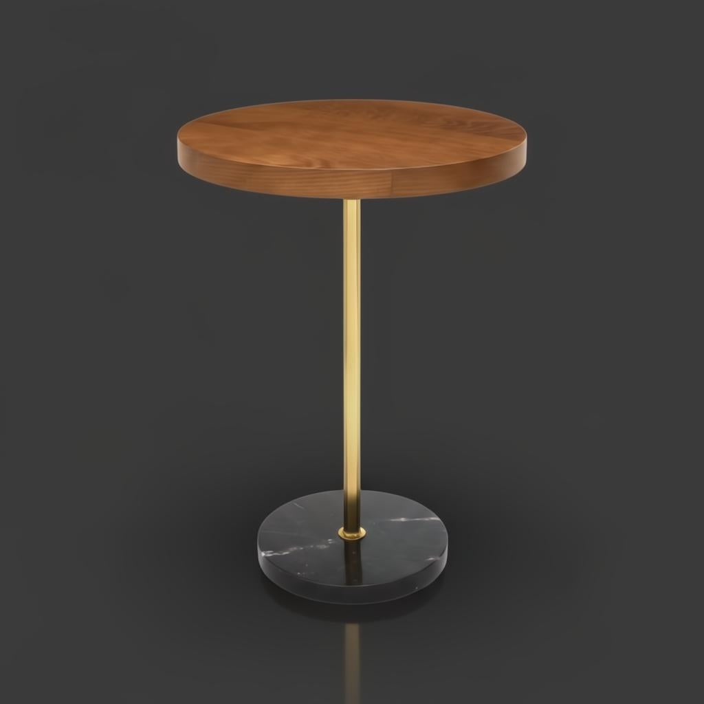 Surya Nano End Table with round brown oak veneer top, gold metal stem, and black marble base.