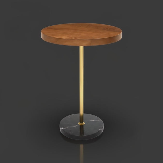 Surya Nano End Table with round brown oak veneer top, gold metal stem, and black marble base.