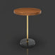 Surya Nano End Table with round brown oak veneer top, gold metal stem, and black marble base.