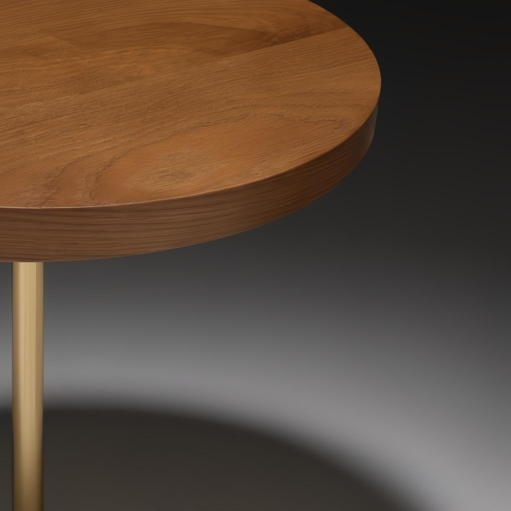 Surya Nano End Table with a round brown brushed oak veneer top and a gold-toned metal leg.