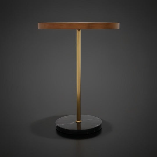 Surya Nano End Table with brown oak veneer top, gold metal stem, and black marble base.