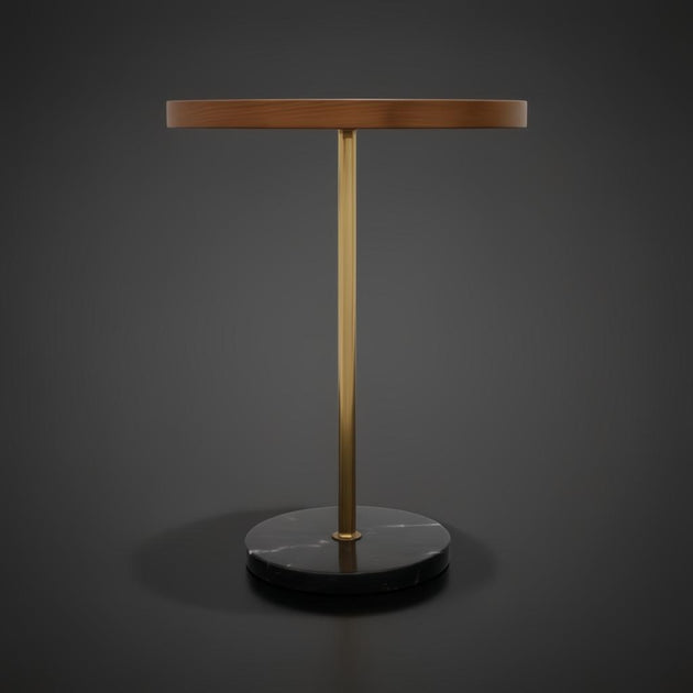 Surya Nano End Table with brown oak veneer top, gold metal stem, and black marble base.