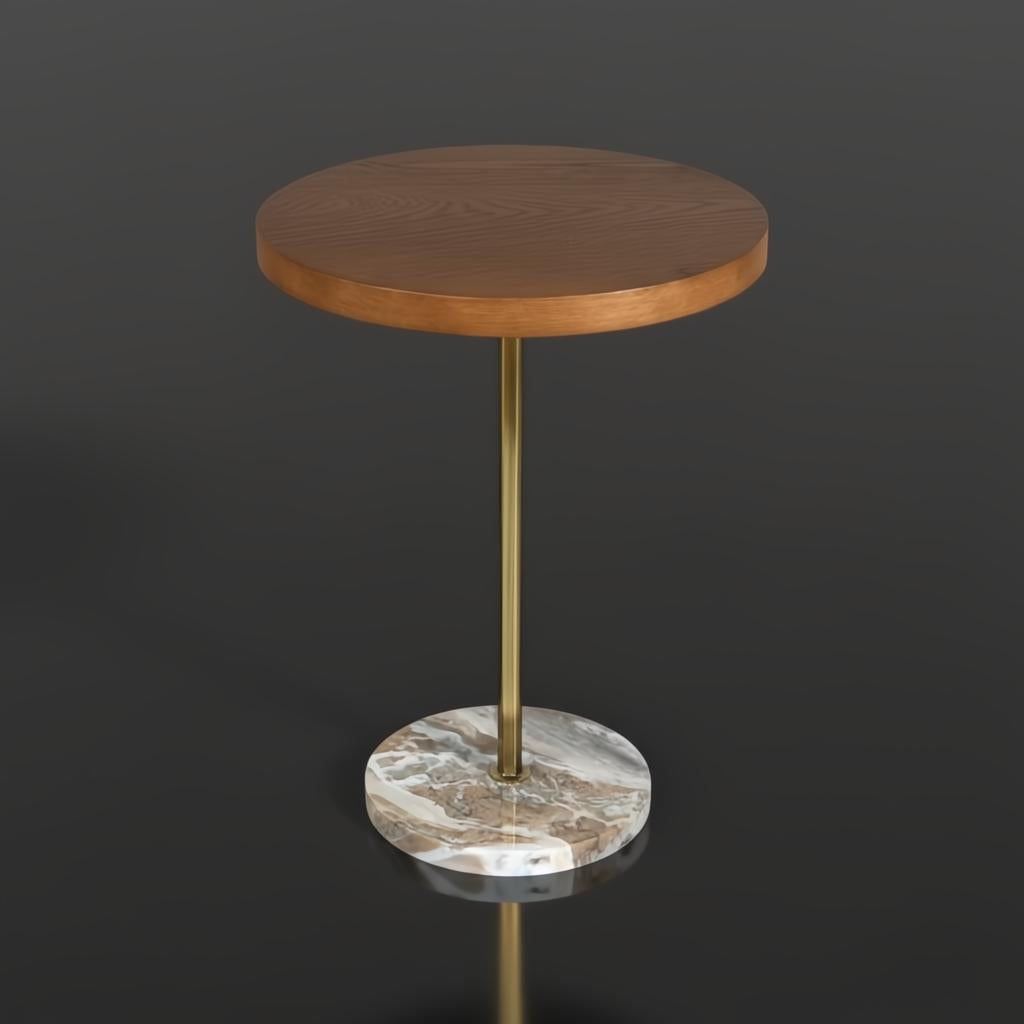 Surya Nano End Table with round brown oak veneer top, brass stem, and round black natural marble base.