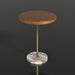 Surya Nano End Table with round brown oak veneer top, brass stem, and round black natural marble base.