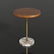 Surya Nano End Table with round brown oak veneer top, brass stem, and round black natural marble base.