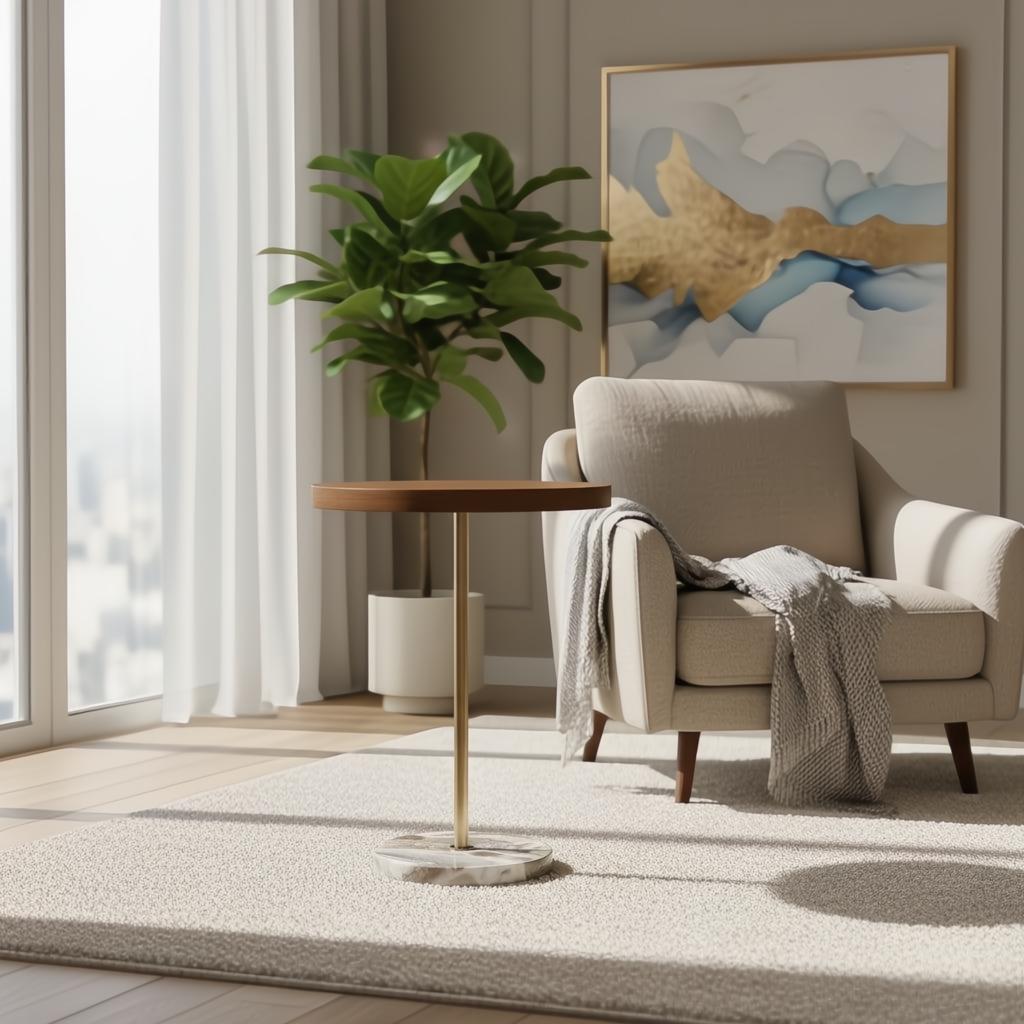Surya Nano End Table with a brown brushed oak veneer top, gold pedestal, and beige natural marble base.