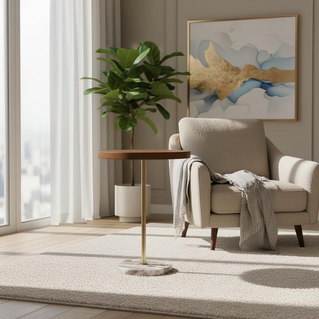 Surya Nano End Table with a brown brushed oak veneer top, gold pedestal, and beige natural marble base.
