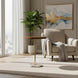 Surya Nano End Table with a brown brushed oak veneer top, gold pedestal, and beige natural marble base.