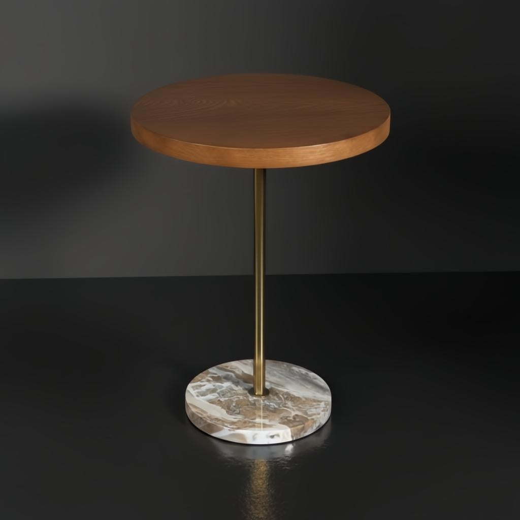 Surya Nano End Table with round brown brushed oak veneer top, brass stem, and beige natural marble base.