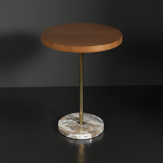 Surya Nano End Table with round brown brushed oak veneer top, brass stem, and beige natural marble base.
