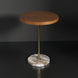 Surya Nano End Table with round brown brushed oak veneer top, brass stem, and beige natural marble base.
