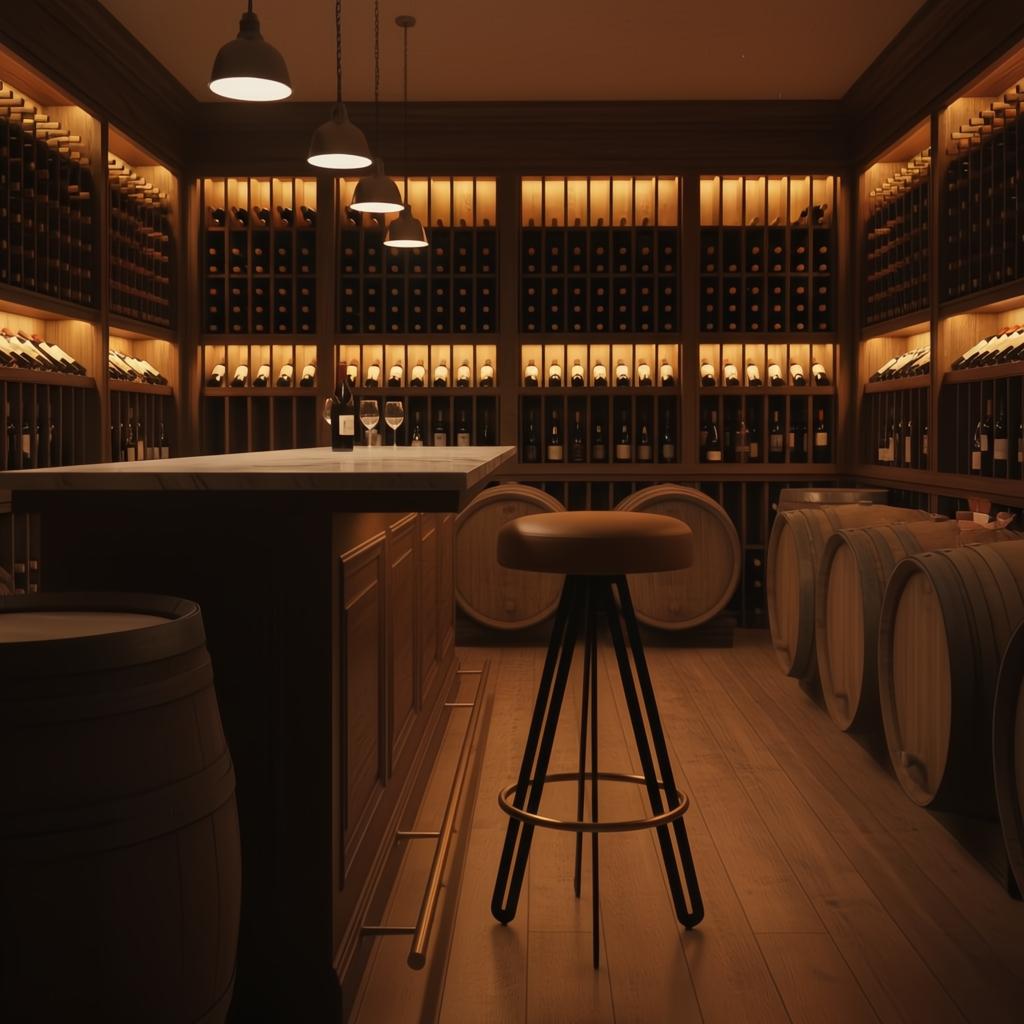 Surya Oberon bar stool with brown leather seat and black steel base in a cozy wine cellar.