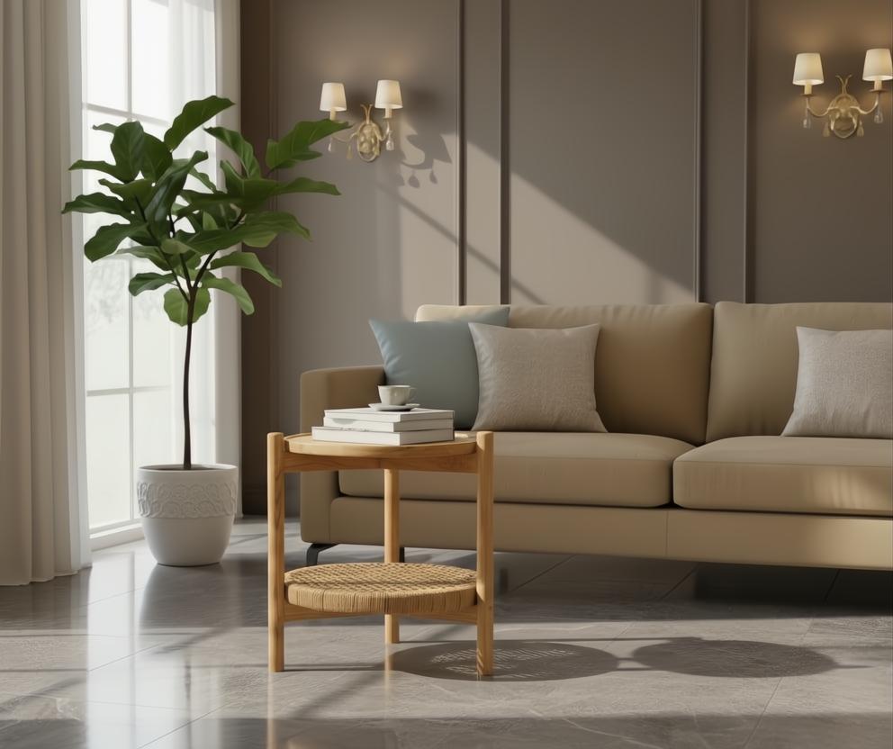 Surya Orly End Table: Brown mango wood top, wheat/brown base, Danish cord shelf, in a modern living room.