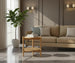 Surya Orly End Table: Brown mango wood top, wheat/brown base, Danish cord shelf, in a modern living room.