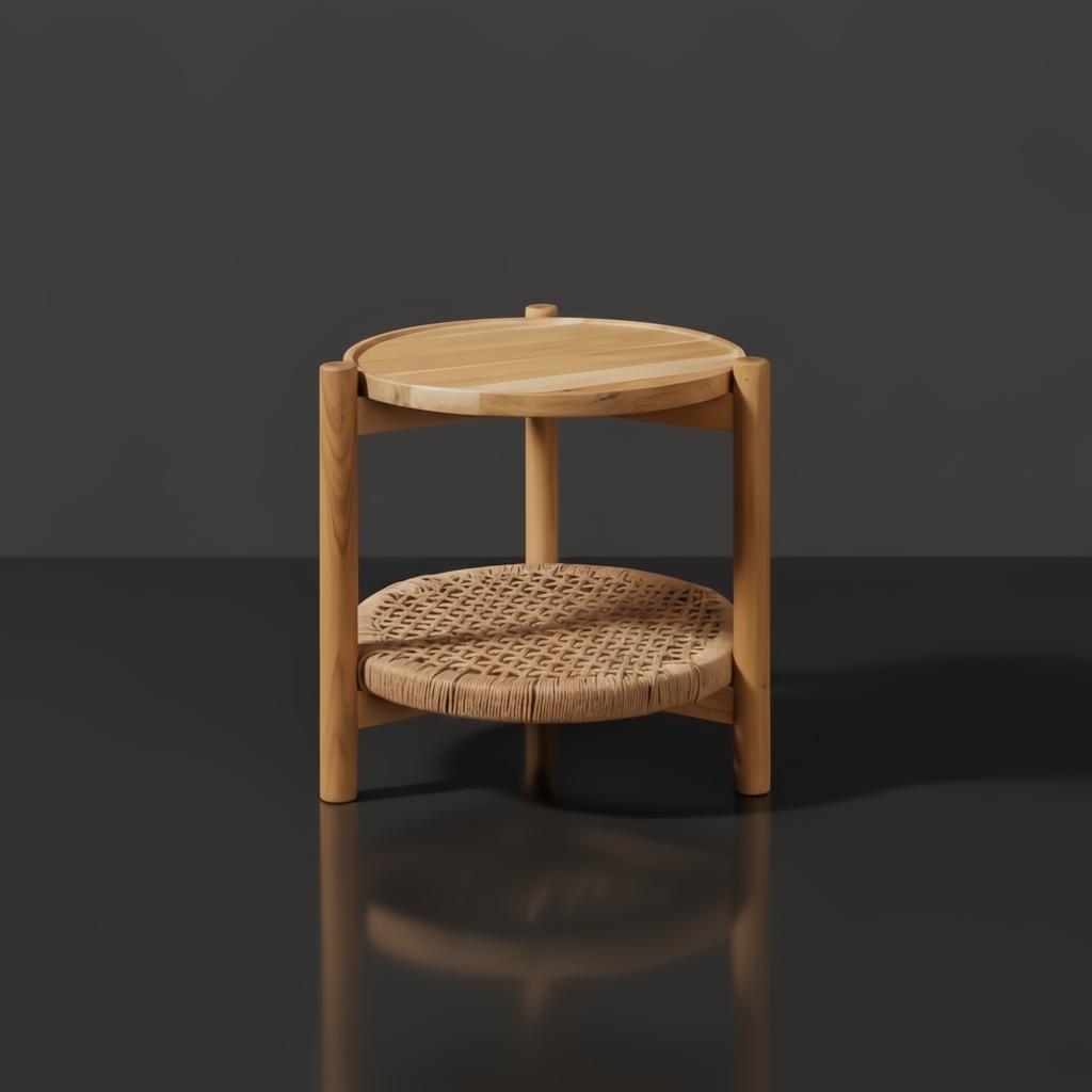 Surya Orly End Table: brown mango wood top, wheat/brown base, Danish cord open box weave shelf.