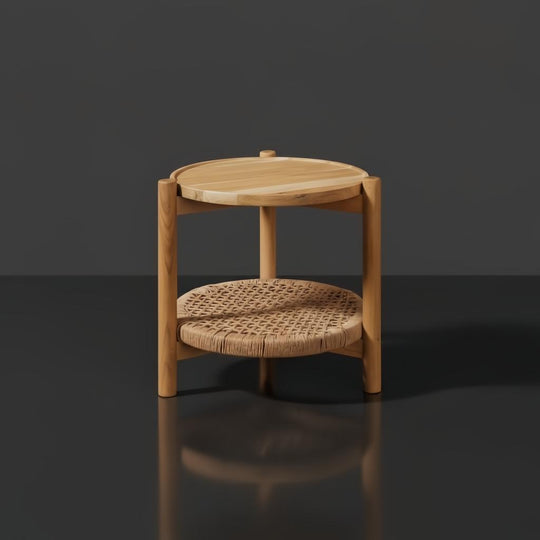 Surya Orly End Table: brown mango wood top, wheat/brown base, Danish cord open box weave shelf.